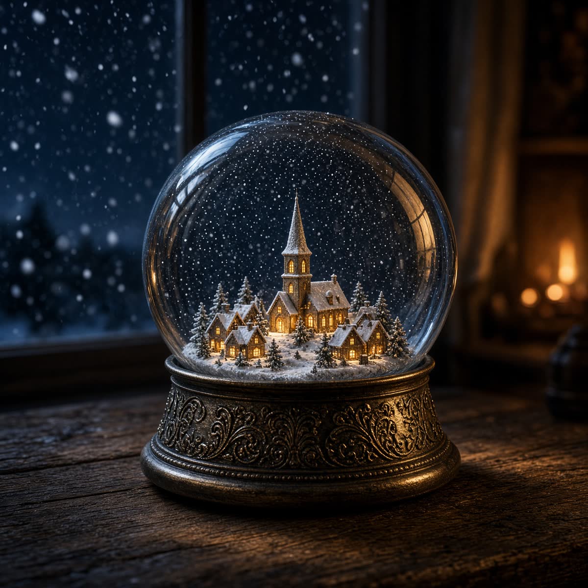 Midnight Snowfall album artwork: a snow globe village glowing on a midnight windowsill