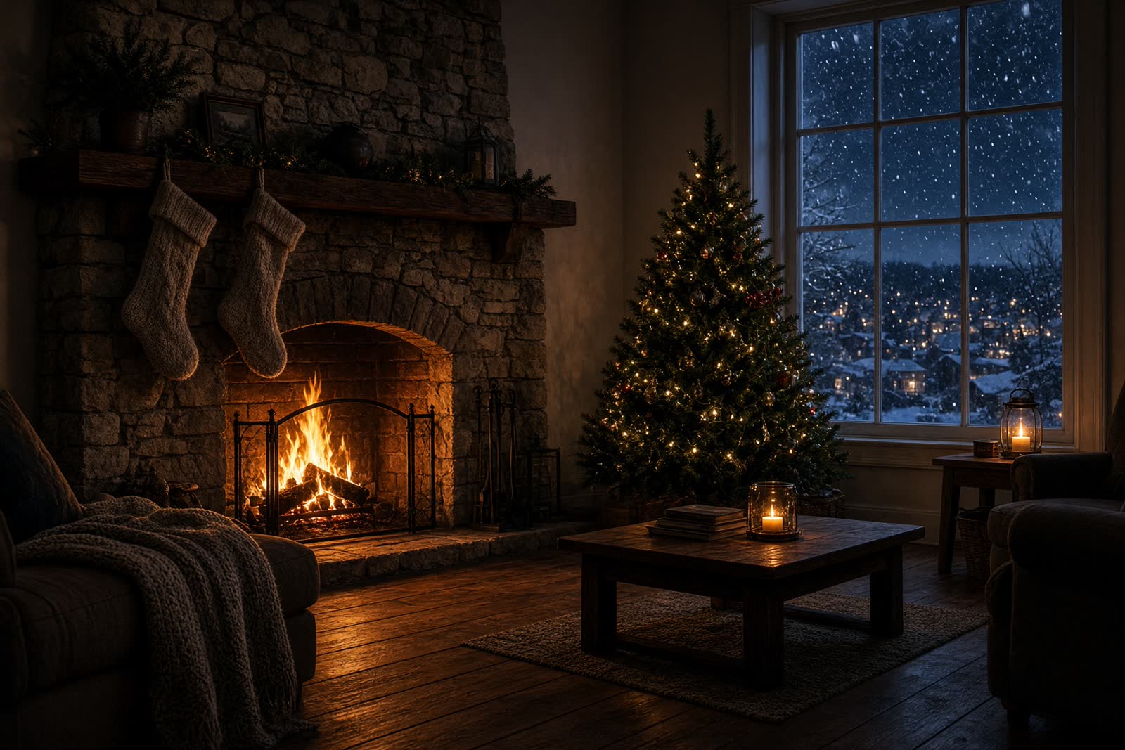 A quiet Christmas living room at midnight, fire in the hearth and snow beyond the window