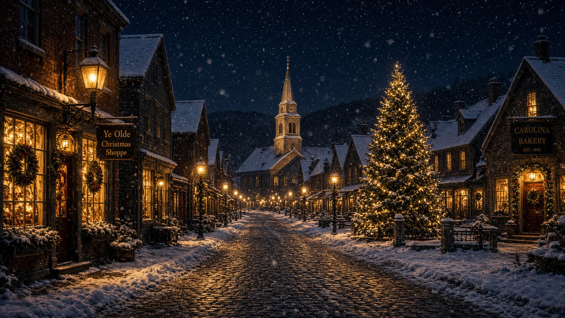 Snow-covered Christmas village at midnight, shop windows glowing gold along a quiet Main Street