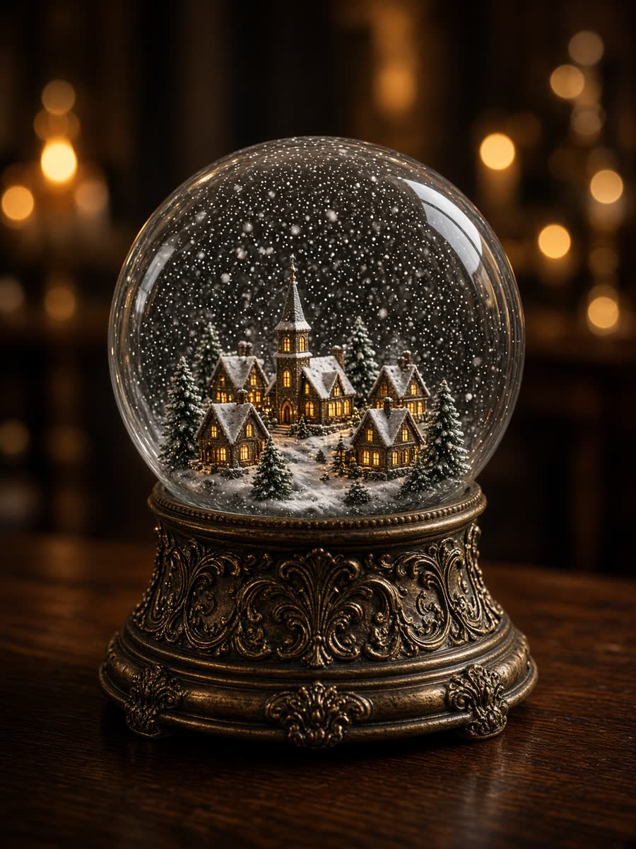 Antique snow globe holding a tiny glowing Christmas town